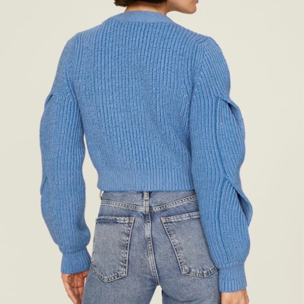 Derek Lam‎ 10 Crosby Blue Ribbed Cropped Cardigan Sweater Cutout Sleeve Medium - Picture 2 of 9